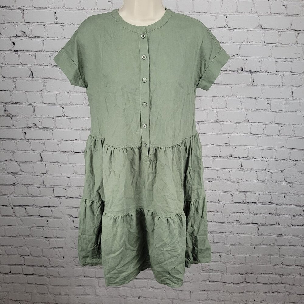 Caslon Green Linen Blend Lightweight Buttoned Short Sleeve Pockets Mini Dress XS
